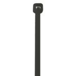 Close-up of a vertically positioned MH-USA 11 50 Lbs Black UV Cable Tie, featuring a square head and locking mechanism, set against a plain white background.
