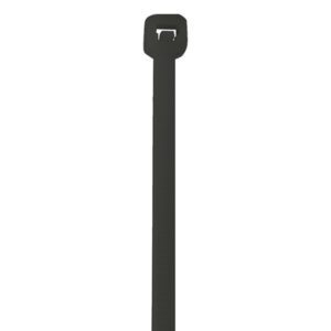Close-up of a vertically positioned MH-USA 11 50 Lbs Black UV Cable Tie, featuring a square head and locking mechanism, set against a plain white background.
