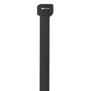 A close-up of an MH-USA 14 80 Lbs Black UV Cable Tie from a case of 100 against a white background, shown vertically with its rectangular head and securing slot visible.