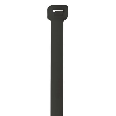 CTUV1480.jpg A close-up of an MH-USA 14 80 Lbs Black UV Cable Tie from a case of 100 against a white background, shown vertically with its rectangular head and securing slot visible.