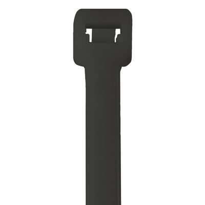CTUV18175.jpg The MH-USA 18 175 Lbs Black UV Cable Ties (100/Case) have a sturdy rectangular locking head, are displayed against a white background, and offer reliable performance for various applications.