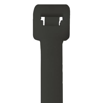 CTUV18250.jpg Close-up of the MH-USA 18 250 Lbs Black UV Cable Ties (100/Case), featuring the head and strap on a white background. Perfect for heavy-duty tasks, these black plastic ties are UV-resistant.