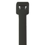 A detailed image of a black cable tie featuring a square head and lock on a white background highlights the durability of the MH-USA 21 175 Lbs Black UV Cable Ties (100/Case).