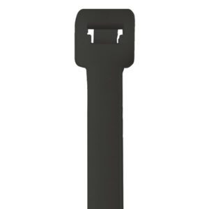 Close-up of an MH-USA 24 175 Lbs Black UV Cable Tie with a square locking head on a plain white background.