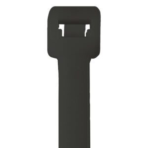 Close-up of an MH-USA 40 250 Lbs Black UV Cable Tie from a 100/Case against a white background, featuring a durable rectangular head with fastening slot.
