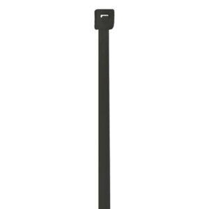 A MH-USA 4 18 Lbs black UV cable tie is vertically displayed on a white background, showcasing a rectangular locking head that highlights the strength and reliability found in every case of 1000.
