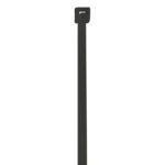 A black cable tie from the MH-USA 6 18 Lbs Black UV Cable Ties (1000/Case) collection stands vertically on a white background, showing its toothed strip and square hole for secure fastening.