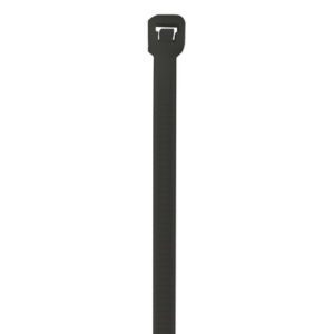 The MH-USA 6 40 Lbs Black UV Cable Ties (1000/Case), set against a plain white background, include a locking head for efficient bundling. They are durable and UV-resistant for reliable use.