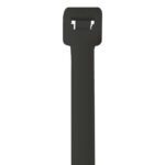 Close-up of an MH-USA 8 120 Lbs Black UV Cable Tie from a 100/Case against a white background, focusing on the locking head and part of the strap.