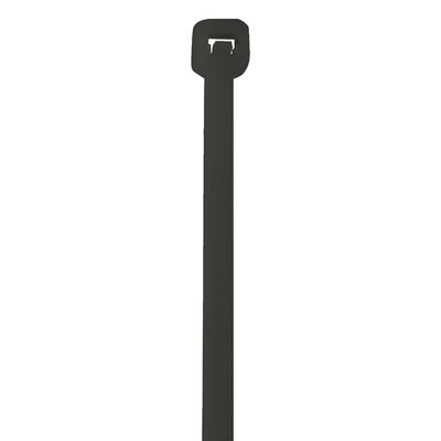 CTUV850.jpg A close-up reveals the MH-USA 8 50 Lbs Black UV Cable Ties rectangular locking head and vertical tail against a plain white background, emphasizing its quality and durability. Available in cases of 1000.