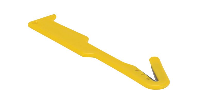 The Vestil Cutter - Thick Material 8 In is a yellow safety tool featuring an 8-inch hooked design with a concealed blade, perfect for safely opening packages and cutting thick materials.