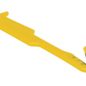 The Vestil Cutter - Thick Material 8 In is a yellow safety tool featuring an 8-inch hooked design with a concealed blade, perfect for safely opening packages and cutting thick materials.