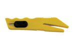 The yellow Vestil Cutter - Double Ended 5.5 In features a metal cutting blade and black slider switch. Its textured grip and bevel-edged design provide precision and comfort for trimming or cutting tasks.