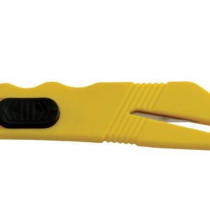 The yellow Vestil Cutter - Double Ended 5.5 In features a metal cutting blade and black slider switch. Its textured grip and bevel-edged design provide precision and comfort for trimming or cutting tasks.
