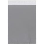 The MH-USA 10 x 13 Clear View Poly Mailers (500/Case) have a plain gray design and a white adhesive strip at the top, ideal for efficient packaging and shipping.
