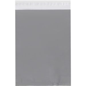 The MH-USA 10 x 13 Clear View Poly Mailers (500/Case) have a plain gray design and a white adhesive strip at the top, ideal for efficient packaging and shipping.