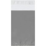 The MH-USA 5 x 7 Clear View Poly Mailers come in a case of 100, featuring a resealable gray and white plastic design. The top is translucent with a zip-lock seal, while the bottom is opaque gray, ensuring secure mailing of contents.