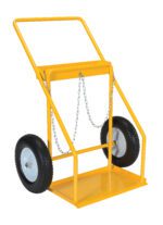 The Vestil Cylinder Tilt Back Hand Truck 250 Lb features a sturdy yellow frame with a high-back design, horizontal handle, and metal frame equipped with a chain for securing up to 250 lbs. It has two wheels with black treads and silver centers, ideal for safe transportation.