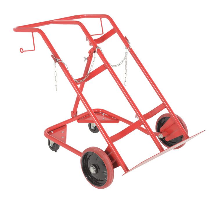 The Vestil Cylinder Tilt Back Hand Truck 350 Lb features a sturdy red metal frame, large front black wheels, smaller rear caster wheels, chains for item security, and a convenient handle for easy maneuverability.
