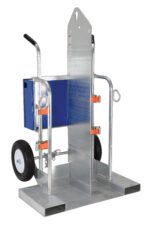 Introducing the Vestil Foam Filled Galvanized Torch Cart 500 Lb: a robust wheeled metal dolly with dual handles and a blue storage box. Its two large wheels and adjustable brackets ensure easy handling of up to 500 lb, on an understated white backdrop.