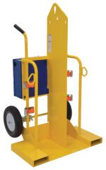 The Vestil Foam Filled Welding Torch Cart 500 Lb features a sleek design with a tall vertical back support, two clamps for multipurpose use, and a spacious blue storage compartment with base slots for efficient lifting. Its perfect for transporting up to 500 lbs.