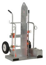 The Vestil Galvanized Welding Torch Cart features two large wheels, black-gripped handles, an adjustable panel, and orange straps for securing heavy items up to 500 lb. Its flat base ensures stability while lifting.