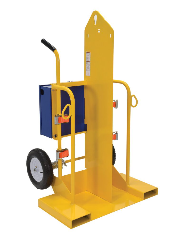CYL-2_A.jpg The Vestil Welding Torch Cart Fork 500 Lb, in yellow, features a vertical back and horizontal base that supports up to 500 lb. It has two large wheels for easy maneuverability, a blue storage box, and red side fasteners, making it ideal for supporting a welding torch setup.