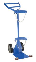 The Vestil Deluxe Cylinder Dolly-Hard Rubber Wheels has a blue, sturdy metal frame ideal for transporting gas cylinders. It includes two circular holders with security chains and a flat base supported by stabilizing wheels.