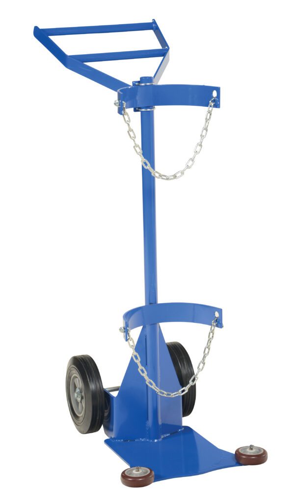 The Vestil Deluxe Cylinder Dolly-Hard Rubber Wheels has a blue, sturdy metal frame ideal for transporting gas cylinders. It includes two circular holders with security chains and a flat base supported by stabilizing wheels.