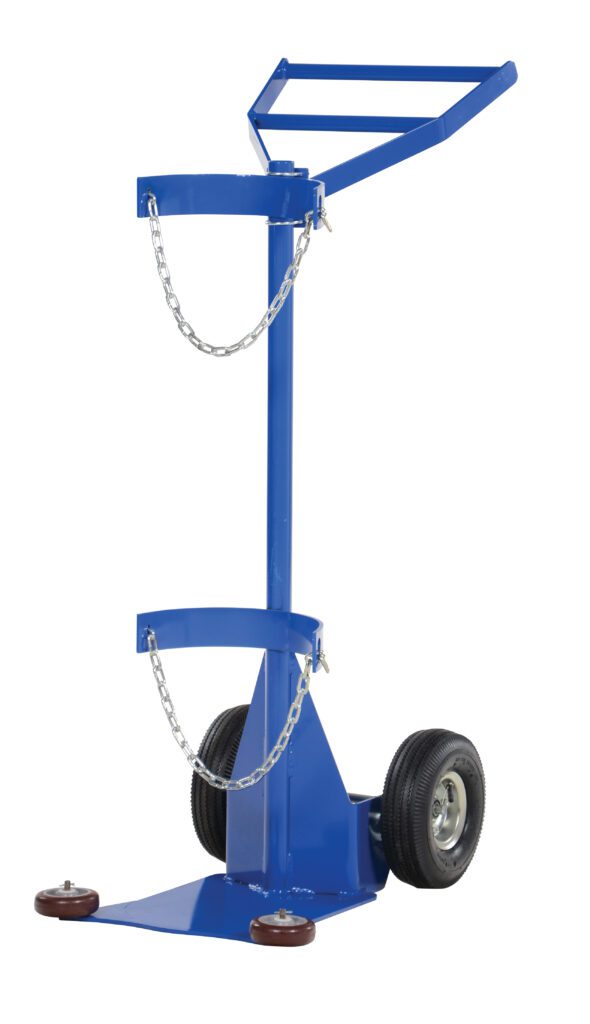 CYL-DLX-1-PN_A.jpg The Vestil Deluxe Cylinder Dolly-Pneumatic Wheels has a blue vertical steel design with two pneumatic wheels, stabilizing feet, two chain loops for securing contents, and a handle for easy movement, ensuring safe and efficient transportation.