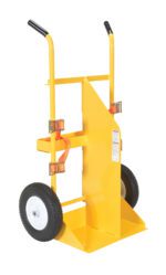 The Vestil Cylinder Torch Cart-Foamed Filled 57 In has a yellow hand truck design with two black handles, a sturdy metal frame, large black wheels, and orange securing straps for stability. Its flat base ensures easy transport.