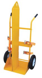 The Vestil Torch Cart-Lift Eye-Fire Proof-Ff 66.375In is a yellow hand truck with two large black wheels and orange securing straps, featuring a tall vertical backing and black handles for easy maneuverability, making it practical and reliable for transport needs.