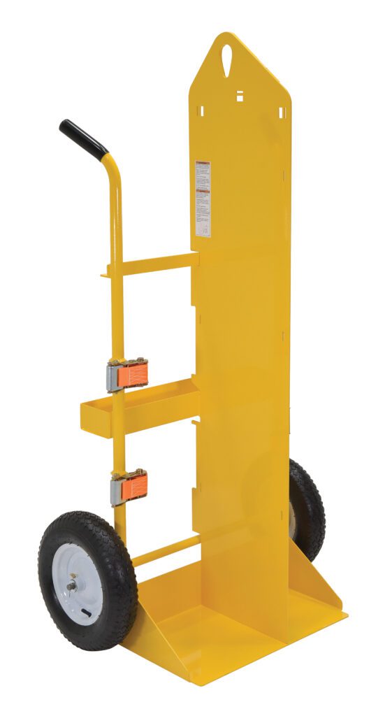 CYL-EH_A.jpg The Vestil Torch Cart-Lift Eye-Pneumatic Wheel features a bright yellow design, tall backplate, two large pneumatic wheels, black handle, wide platform, and two orange securing straps for stability. It measures 66.375 inches in height.