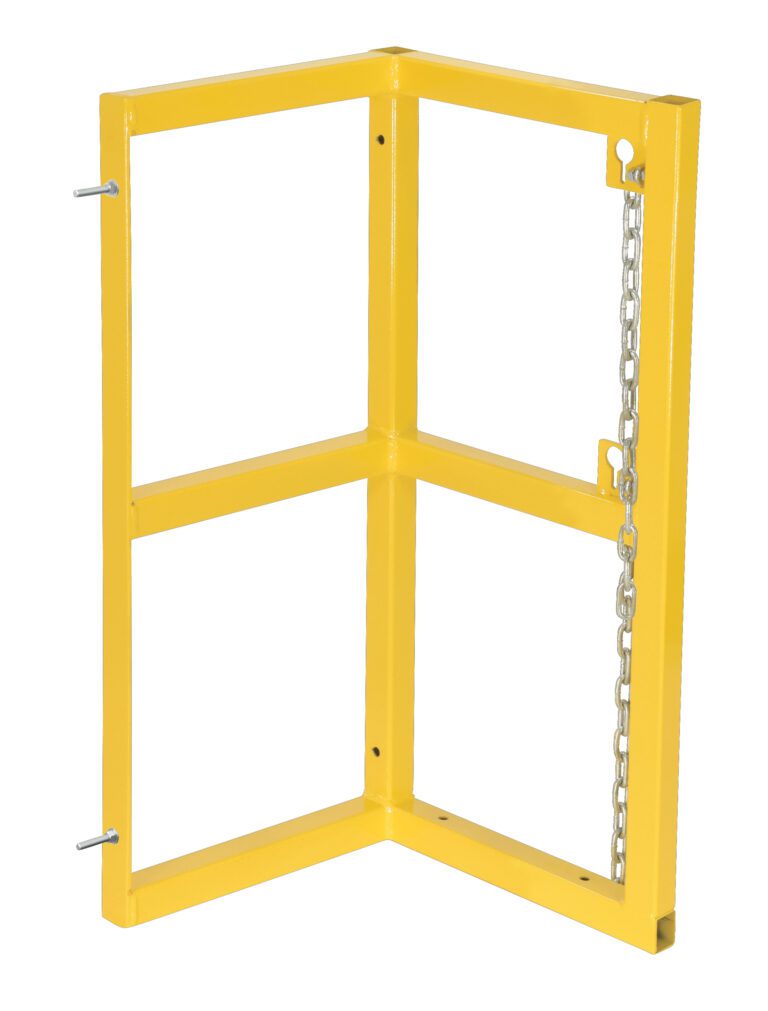 The Vestil Cylinder Barricade Ext Rack Single is a yellow metal barrier with a right-angle design, secured by a metal chain. It has two horizontal bars per side and bolts for stability, making it an ideal single-unit safety solution.