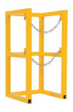 The Vestil Cylinder Barricade Rack Single is a yellow metal frame designed to securely hold cylinders with two slots and sturdy chains, standing upright against a plain white background.