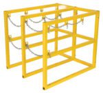 The Vestil Cylinder Barricade Ext Rack 3 Cylinder is a yellow metal storage unit with a rectangular frame and chains, designed for safe and organized storage of up to three gas cylinders.