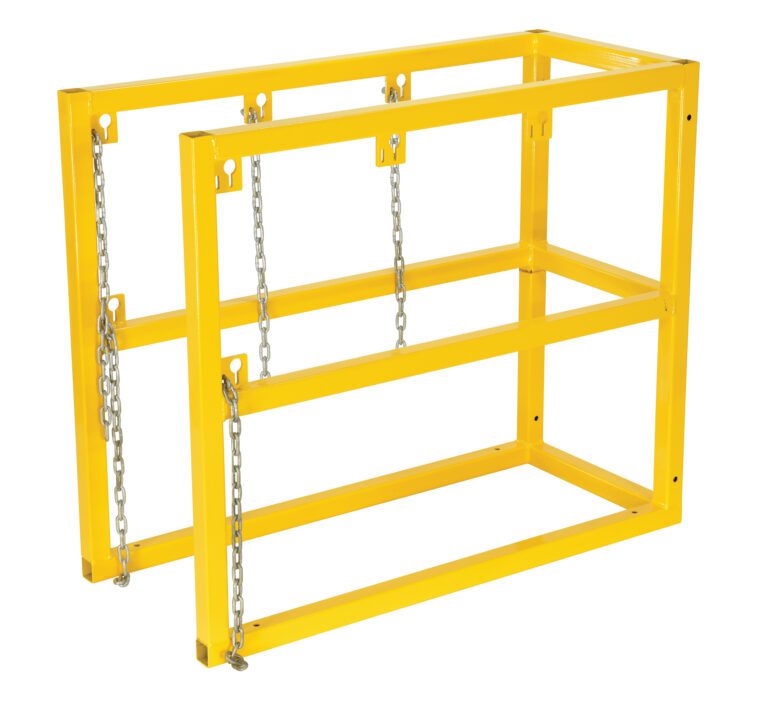 CYL-FMSR-3_A.jpg The Vestil Cylinder Barricade Rack 3 Cylinder is a yellow, rectangular metal barrier with chains for securing and organizing up to three large cylinders, featuring a two-section frame reinforced with horizontal bars for enhanced support and stability.