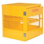 The Vestil Horizontal Cylinder Cabinet 4 Cap Kd is a yellow metal safety cage featuring wire mesh and an open hinged door, with Flammable No Smoking stenciled boldly in red on the side.
