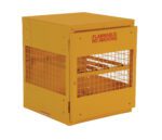 The yellow Vestil Horizontal Cylinder Cabinet 4 Capacity, labeled FLAMMABLE NO SMOKING in red, features front and side mesh panels for ventilation and a solid top to ensure safe storage of hazardous materials.
