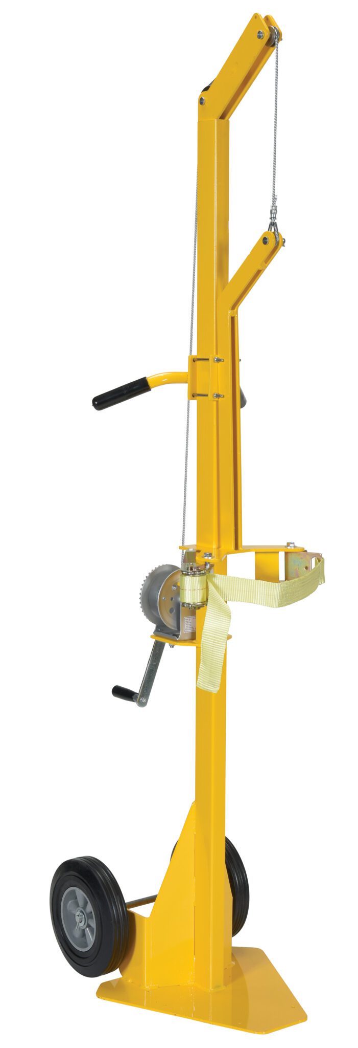 CYL-LT-1-HR_A.jpg The Vestil Portable Cylinder Lifter-Hard Rubber is a yellow hand truck with a vertical frame, two black handles, and a lifting mechanism featuring a strap and winch. Its durable hard rubber wheels support its sturdy base, while the tall arm makes transporting heavy objects effortless.