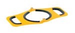 A yellow plastic carrying handle, similar to the Vestil Manual Cylinder Lifter 7 In Diameter, features two black grips, a central circular opening, and small raised sections with screws for attachment or adjustment.