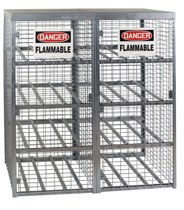 CYL-T-16_A.jpg The Vestil Horizontal Cylinder Storage-Galv 29X58 is a sturdy metal mesh cage with six shelves and two Danger Flammable signs, perfect for safely storing flammable materials.
