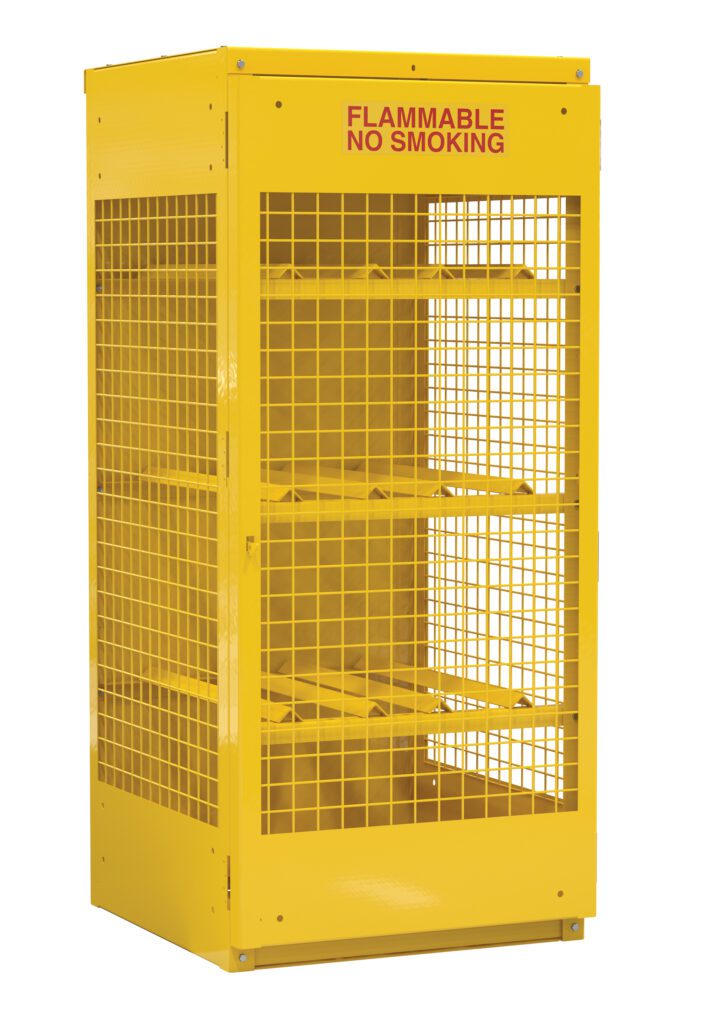 The yellow Vestil Vertical Cylinder Cabinet-5-10 Kd storage cage, featuring three shelves and a grid design, ensures safety with its sturdy build. Its top front panel warns FLAMMABLE NO SMOKING in red, promoting safety and ventilation even when empty.