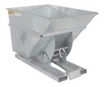 The Vestil Self-Dump Hopper Hd 1 Cu Yd 6K Galvanize features an industrial metal design with a large rectangular opening for material handling, a sturdy flat base, and an efficient tilting mechanism for easy emptying.