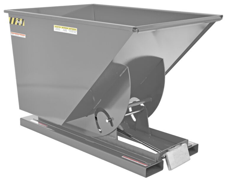 The Vestil Self-Dump Hopper HD 1 Cu Yd 6K in Machine Gray is an industrial-grade tool for bulk material handling, featuring a slanted top with side reinforcements, a sturdy rectangular base, and clearly visible operational labels and safety warnings.