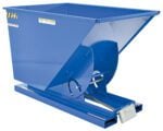 The Vestil Self-Dump Hopper HD 1 Cu Yd 6K Blue is an industrial steel hopper, rectangular with a sloped base, mounted on a sturdy frame with a bottom release mechanism and side warning labels.
