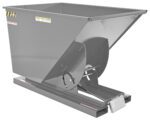 The Vestil Self-Dump Hopper LD, in machine gray, features a strong steel frame with a rectangular body and sloped front, designed for easy dumping of up to 1 cubic yard and handling materials up to 2K pounds. It includes decals and safety labels on its sturdy base.