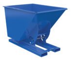 The Vestil Hopper W/O Bump & Dump Ld 1 Cu 2K Blue is a blue metal industrial hopper featuring a slanted top, strong rectangular base, and rotating mechanism for easy tilting—ideal for efficient material handling in warehouses or construction sites.