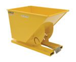The durable Vestil Self-Dump Hopper LD 1 Cu Yd 2K Yellow, featuring warning labels, slanted front, and a handle on a flat base, is designed for easy material transport or dumping, ensuring industrial efficiency.