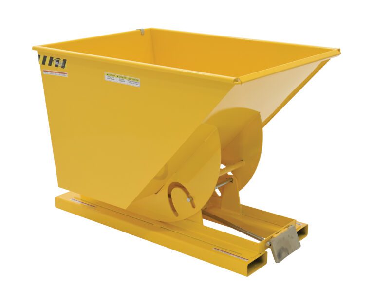 The durable Vestil Self-Dump Hopper LD 1 Cu Yd 2K Yellow, featuring warning labels, slanted front, and a handle on a flat base, is designed for easy material transport or dumping, ensuring industrial efficiency.